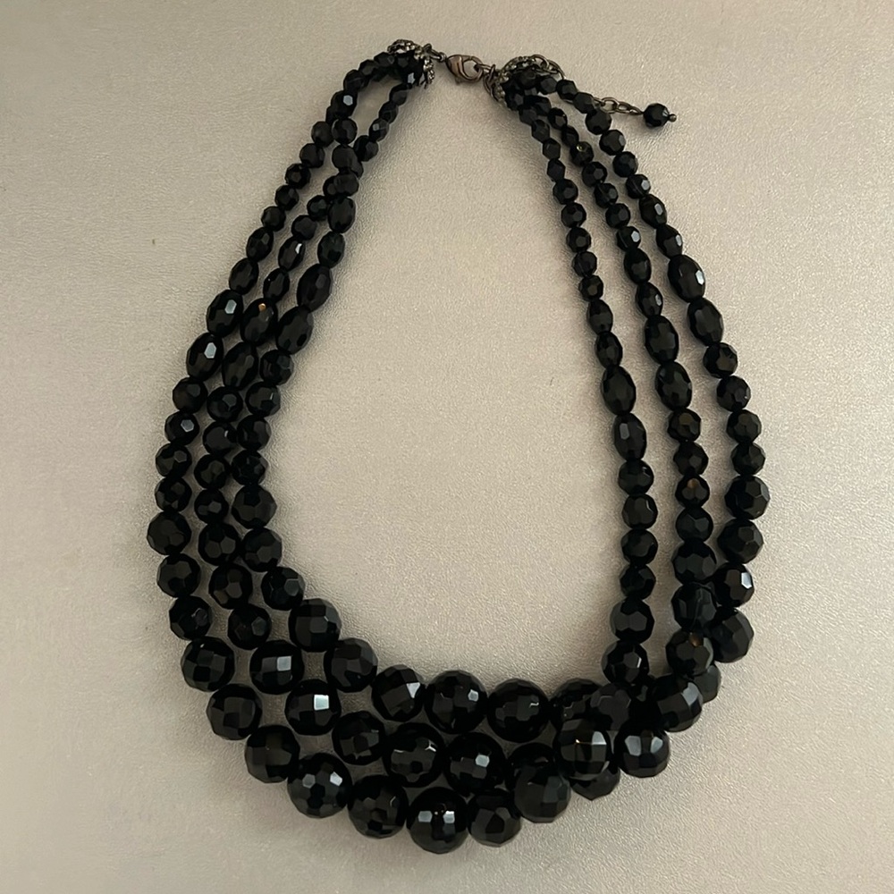 Black Triple Strand Beaded Statement Necklace - image 1